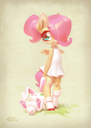 Size: 2067x2894 | Tagged: safe, artist:holivi, angel bunny, fluttershy, pegasus, anthro, unguligrade anthro, g4, clothes, cute, dress, female, filly, filly fluttershy, foal, hair over one eye, high res, looking away, plushie, shyabetes, smiling, socks, solo, younger
