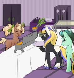 Size: 1280x1342 | Tagged: safe, artist:cadetredshirt, oc, oc only, oc:copper chip, earth pony, pony, unicorn, bow, coat markings, dishes, eyes closed, female, glasses, hair bow, kitchen, mare, pigtails, pinto, serving tray, smiling, unshorn fetlocks, wheelchair