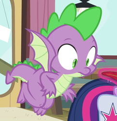 Size: 873x902 | Tagged: safe, screencap, spike, twilight sparkle, dragon, a trivial pursuit, g4, cropped, flying, male, winged spike, wings