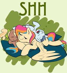 Size: 1280x1384 | Tagged: safe, artist:cadetredshirt, oc, oc:copper chip, oc:golden gates, oc:silver span, pegasus, pony, unicorn, babscon, babscon 2019, bow, convention mascots, eyes closed, female, freckles, hair bow, long mane, long tail, male, mare, mascot, open mouth, pigtails, pillow, siblings, simple background, sleeping, sleepy, smiling, snoring, stallion, text, two toned mane, wings