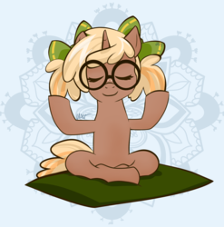 Size: 2550x2586 | Tagged: safe, artist:cadetredshirt, oc, oc only, oc:copper chip, pony, unicorn, bow, crossed legs, eyes closed, freckles, glasses, hair bow, high res, hooves up, lotus position, meditating, pigtails, pillow, simple background, smiling, solo, two toned mane, two toned tail
