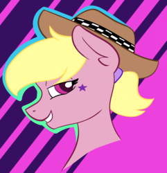 Size: 914x950 | Tagged: safe, artist:cadetredshirt, oc, oc only, oc:harmony star, earth pony, pony, bedroom eyes, bust, ear fluff, face tattoo, harmonycon, hat, looking at camera, looking at you, pigtails, profile, simple background, smiling, solo, stars