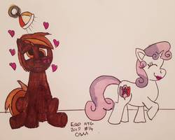 Size: 1455x1163 | Tagged: safe, artist:rapidsnap, button mash, sweetie belle, earth pony, pony, unicorn, g4, colt, female, filly, lovesick, male, ship:sweetiemash, shipping, straight, traditional art