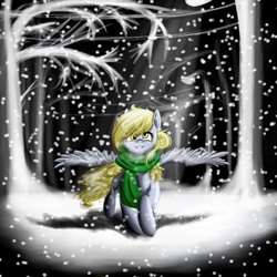 Size: 1000x1000 | Tagged: safe, artist:kira-minami, derpy hooves, pegasus, pony, g4, clothes, female, forest, mare, scarf, smiling, snow, snowfall, solo, spread wings, tree, wings