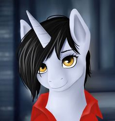 Size: 900x948 | Tagged: safe, artist:kira-minami, oc, oc only, pony, unicorn, bust, clothes, female, hair over one eye, looking at you, mare, portrait, shirt, solo