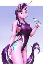 Size: 3800x5700 | Tagged: safe, artist:mykegreywolf, starlight glimmer, unicorn, anthro, g4, absurd resolution, breasts, busty starlight glimmer, clothes, female, high-cut clothing, horn, lidded eyes, long horn, looking at you, mare, one-piece swimsuit, open mouth, open-back swimsuit, reasonably sized breasts, sexy, signature, solo, sports swimsuit, stupid sexy starlight glimmer, swimsuit, water bottle
