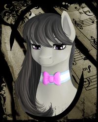 Size: 900x1125 | Tagged: safe, artist:kira-minami, octavia melody, earth pony, pony, g4, bowtie, bust, female, looking at you, mare, portrait, sheet music, smiling, solo