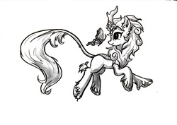 Size: 2947x2091 | Tagged: safe, artist:tinybenz, autumn blaze, butterfly, kirin, g4, grayscale, high res, monochrome, quadrupedal, simple background, sketch, smiling, traditional art, white background