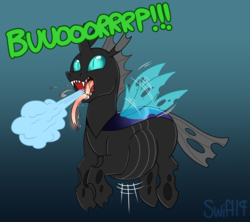 Size: 1852x1643 | Tagged: safe, artist:swiftsketchpone, oc, oc only, oc:mimesis, changeling, belly, burp, changeling oc, changelings eating ponies, drool, fetish, forked tongue, male, male pred, open mouth, post-vore, solo, tongue out, vore