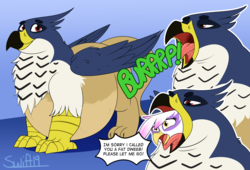 Size: 2500x1700 | Tagged: safe, artist:swiftsketchpone, gilda, oc, oc:lnyx, griffon, g4, burp, chubby, dialogue, dweeb, fat, female, fetish, gildaprey, male, open mouth, tongue out, vore