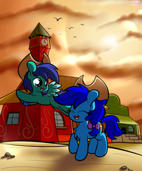 Size: 1536x1844 | Tagged: safe, artist:php142, oc, oc only, oc:aqua jo, oc:magnifying glass, bird, earth pony, pegasus, pony, :d, appleloosa, bow, bracelet, colt, commission, cowboy hat, female, filly, flying, hat, jewelry, laughing, male, mare, sand, shipping, sunset