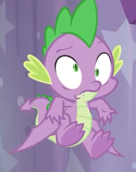 Size: 225x284 | Tagged: safe, screencap, spike, dragon, a trivial pursuit, g4, cropped, dizzy, flying, male, solo, spread toes, toes, winged spike, wings