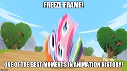 Size: 888x499 | Tagged: safe, edit, edited screencap, screencap, pinkie pie, rainbow dash, g4, rainbow roadtrip, caption, great moments in animation, image macro, meme, rolling, smear frame, spin dash, text