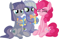 Size: 9180x5990 | Tagged: safe, artist:cyanlightning, limestone pie, maud pie, pinkie pie, earth pony, pony, g4, .svg available, absurd resolution, ear fluff, eyes closed, female, holding, holding a present, lidded eyes, mare, mouth hold, present, siblings, simple background, sisters, standing, transparent background, trio, unamused, vector