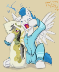 Size: 1600x1952 | Tagged: safe, artist:frist44, daring do, oc, oc only, oc:dreamy daze, pegasus, pony, g4, autograph, body pillow, clothes, daring daki, hooves, male, pajamas, solo, tired, yawn