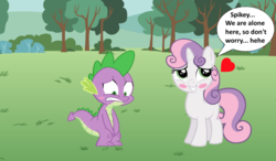 Size: 1024x600 | Tagged: artist needed, safe, spike, sweetie belle, dragon, pony, unicorn, g4, awkward, blushing, covering crotch, cute, embarrassed, female, filly, heart, implied erection, male, nudity, ship:spikebelle, shipping, smiling, speech bubble, straight, tree, we don't normally wear clothes