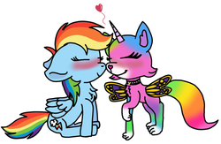 Size: 1453x945 | Tagged: safe, rainbow dash, cat, pegasus, pony, g4, blushing, butterfly wings, chest fluff, collar, crossover, crossover shipping, eyes closed, felicidash, felicity (rbuk), female, floppy ears, heart, horn, interspecies, lesbian, mare, nuzzling, rainbow butterfly unicorn kitty, shipping, simple background, sitting, smiling, standing, white background, wings