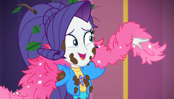 Size: 1906x1080 | Tagged: safe, screencap, rarity, equestria girls, g4, lost and pound, lost and pound: rarity, my little pony equestria girls: choose your own ending, cute, feather boa, female, happy, leaves, mud, muddy, raribetes, smiling, solo
