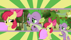 Size: 1192x670 | Tagged: safe, artist:neodarkwing, apple bloom, spike, dragon, earth pony, pony, g4, apple tree, clothes, clubhouse, crusaders clubhouse, cute, dress, female, looking at each other, male, open mouth, ship:spikebloom, shipping, smiling, straight, sunburst background, sweet apple acres, tree