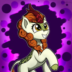 Size: 3100x3100 | Tagged: safe, artist:adagiostring, autumn blaze, kirin, g4, abstract background, awwtumn blaze, commission, cute, female, grin, high res, raised hoof, smiling, solo