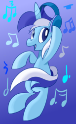 Size: 1104x1788 | Tagged: safe, artist:notadeliciouspotato, minuette, pony, unicorn, g4, abstract background, bipedal, female, headphones, mare, music notes, smiling, solo