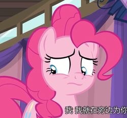 Size: 429x400 | Tagged: safe, screencap, pinkie pie, twilight sparkle, earth pony, pony, a trivial pursuit, g4, season 9, chinese, cropped, female, mare, offscreen character, solo focus, subtitles