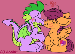 Size: 1000x723 | Tagged: safe, artist:shelbi-cat, scootaloo, spike, dragon, pegasus, pony, g4, blushing, cute, cutie mark, daaaaaaaaaaaw, eyes closed, female, filly, heart, interspecies, kiss on the lips, kissing, male, ship:scootaspike, shipping, spread wings, straight, the cmc's cutie marks, winged spike, wings