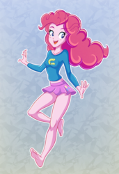 Size: 1254x1836 | Tagged: safe, artist:cabrony, artist:rosalhymn, pinkie pie, equestria girls, g4, barefoot, clothes, cute, diapinkes, feet, female, happy, legs, midriff, miniskirt, moe, raised leg, skirt, smiling, solo, sweater, thighs