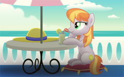 Size: 5589x3476 | Tagged: safe, artist:jhayarr23, copper top, earth pony, pony, g4, alternate hairstyle, cloud, commission, drink, female, food, hat, lemon, mare, ocean, pillow, smiling, solo, straw, table, umbrella