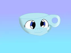 Size: 1600x1200 | Tagged: safe, artist:slimgoomba, trixie, g4, alternate eye color, cup, cutie mark, female, gradient background, happy, inanimate tf, solo, teacup, teacupified, that pony sure does love teacups, transformation, trixie teacup