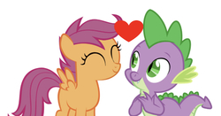 Size: 677x354 | Tagged: safe, artist:cassidycreations, artist:cloudy glow, edit, editor:undeadponysoldier, scootaloo, spike, dragon, pegasus, pony, g4, adorable face, cute, daaaaaaaaaaaw, female, filly, heart, male, ship:scootaspike, shipping, simple background, straight, white background