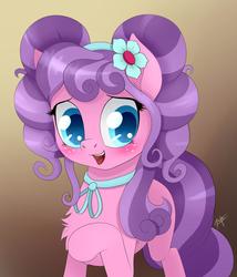 Size: 900x1050 | Tagged: safe, artist:zetamad, petunia petals, earth pony, pony, g4, my little pony: rainbow roadtrip, blushing, chest fluff, cute, female, flower, flower in hair, mare, pigtails, solo