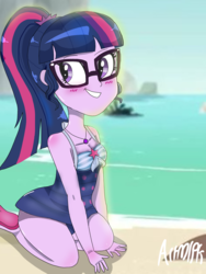 Size: 1800x2400 | Tagged: safe, artist:artmlpk, sci-twi, twilight sparkle, equestria girls, equestria girls specials, g4, my little pony equestria girls: better together, my little pony equestria girls: forgotten friendship, beach, blushing, breasts, cleavage, clothes, cute, feet, female, geode of telekinesis, looking back, magical geodes, ponytail, sandals, sitting, solo, swimsuit, twiabetes
