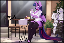 Size: 4146x2748 | Tagged: safe, artist:teranen, twilight sparkle, alicorn, human, anthro, unguligrade anthro, :i, big breasts, breasts, busty twilight sparkle, cake, chair, chest fluff, choker, cleavage, cleavage fluff, clothes, cup, cute, dessert, dialogue, female, food, glasses, mare, milkshake, miniskirt, moe, open mouth, outdoors, plant, pleated skirt, potted plant, shirt, sitting, skirt, smiling, socks, stockings, straw, table, thigh highs, thighlight sparkle, thighs, thunder thighs, tongue out, twilight sparkle (alicorn), voyeur, voyeurism, zettai ryouiki