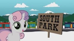 Size: 821x455 | Tagged: safe, artist:tweekstudio, sweetie belle, pony, unicorn, g4, crossover, cute, cute smile, female, filly, giddy up, looking at you, mountain, open mouth, snow, solo, south park