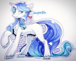 Size: 888x721 | Tagged: safe, artist:swaybat, oc, oc only, pony, unicorn, chest fluff, cocktail, cocktail glass, colored hooves, looking at you, outline, raised hoof, solo, standing, traditional art, unshorn fetlocks