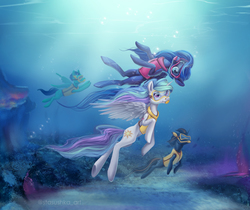 Size: 4050x3398 | Tagged: safe, artist:stasushka, princess celestia, princess luna, oc, alicorn, pegasus, pony, unicorn, g4, bubble, diving, female, high res, mare, royal sisters, siblings, sisters, snorkel, swimming, underwater, water