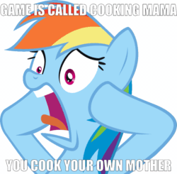 Size: 1043x1024 | Tagged: safe, artist:aethon056, edit, rainbow dash, pony, g4, season 4, trade ya!, comically missing the point, cooking mama, female, gif, non-animated gif, screaming, simple background, solo, text, transparent background, vector