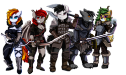 Size: 3924x2339 | Tagged: safe, artist:pridark, oc, oc:alter ego, oc:commissar junior, bat pony, wolf, anthro, altenior, arrow, axe, bat pony oc, bipedal, bow (weapon), bow and arrow, clothes, commission, electricity, furry, group, high res, looking at you, non-pony oc, one eye closed, sword, weapon, wink