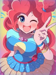 Size: 768x1024 | Tagged: safe, artist:erufi, pinkie pie, equestria girls, five lines you need to stand in, g4, my little pony equestria girls: better together, anime, beautiful, breasts, busty pinkie pie, clothes, cute, diapinkes, dress, female, geode of sugar bombs, magical geodes, one eye closed, open mouth, peace sign, solo, volumetric mouth, wink