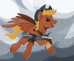 Size: 2380x1969 | Tagged: safe, artist:nancy-05, oc, oc only, oc:calamity, pegasus, pony, fallout equestria, bandage, battle saddle, cowboy hat, dashite, fanfic, fanfic art, flying, freckles, gun, hat, hooves, male, open mouth, pixel art, rifle, smiling, solo, spread wings, stallion, weapon, wings
