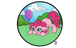 Size: 1280x820 | Tagged: safe, artist:dawn-designs-art, pinkie pie, earth pony, pony, g4, balloon, circle, female, happy, solo