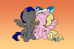 Size: 3000x2000 | Tagged: safe, artist:thesilverstallion, oc, oc only, oc:bay breeze, oc:stargazer silver, pegasus, pony, bow, digital art, hair bow, high res, hugging a pony, oc x oc, shipping, smiling, starbreeze, tail bow