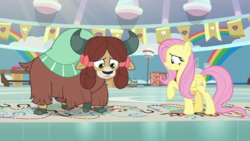 Size: 1920x1080 | Tagged: safe, screencap, fluttershy, yona, pegasus, pony, yak, g4, she's all yak, bow, cloven hooves, duo, female, hair bow, mare, monkey swings