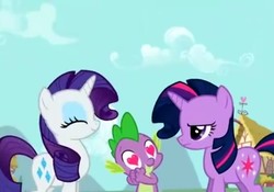 Size: 1028x720 | Tagged: safe, screencap, rarity, spike, twilight sparkle, g4, the cutie pox, annoyed, cropped, happy, heart eyes, in love, rarity hair, wingding eyes