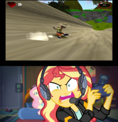 Size: 1920x1995 | Tagged: safe, fluttershy, sunset shimmer, equestria girls, g4, game stream, my little pony equestria girls: better together, brazil, gamer sunset, meme, mineirinho ultra adventures, sunset shimmer frustrated at game, video game