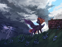Size: 1500x1145 | Tagged: safe, artist:weird--fish, oc, oc only, oc:fractal, pegasus, pony, snail, colored eyebrows, female, lightning, looking back, mare, sky, solo, spread wings, tail, thunderstorm, well, wind, windswept mane, windswept tail, wings