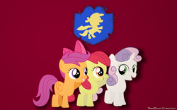 Size: 2560x1600 | Tagged: safe, artist:redshotcreation, edit, apple bloom, scootaloo, sweetie belle, earth pony, pegasus, pony, unicorn, g4, cutie mark crusaders, female, filly, trio, wallpaper, wallpaper edit
