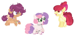 Size: 901x441 | Tagged: safe, artist:vintage-owll, apple bloom, scootaloo, sweetie belle, earth pony, pegasus, pony, unicorn, g4, alternate design, base used, cutie mark crusaders, simple background, transparent background, trio
