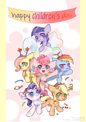 Size: 2480x3508 | Tagged: dead source, safe, artist:小huhu狸君呀, applejack, fluttershy, pinkie pie, rainbow dash, rarity, twilight sparkle, alicorn, earth pony, pegasus, pony, unicorn, g4, abstract background, applejack's hat, banner, chibi, children's day, cowboy hat, cute, female, hat, high res, mane six, mare, smiling